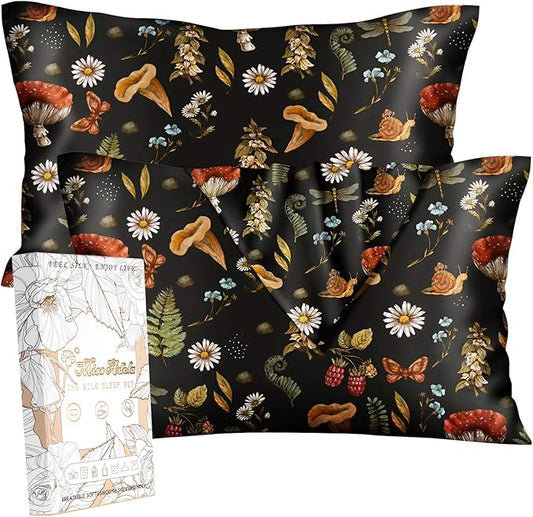 Silk Pillowcase 2 Pack - Cute Pillow Cases 20" x 26" Standard Size Set of 2 for Hair and Skin Smooth Soft Breathable with Hidden Zipper Cooling Pillow Covers for Sleeping, Mushroom Plants