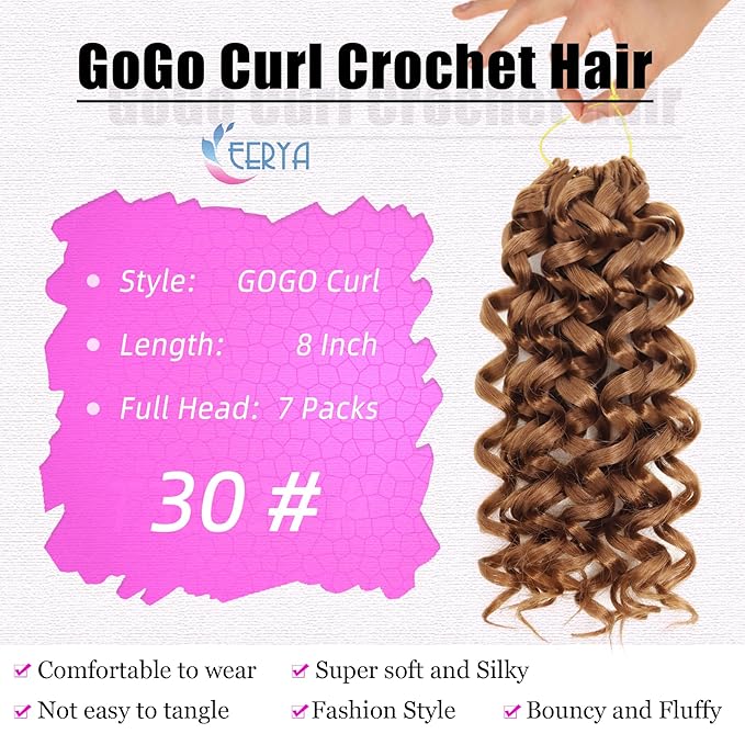 7 Packs GoGo Curl Crochet Hair 8 Inch Short Curly Crochet Hair for Women Deep Wave Beach Curl Crochet Braids Synthetic Braiding Hair Extensions(8 Inch, #30)