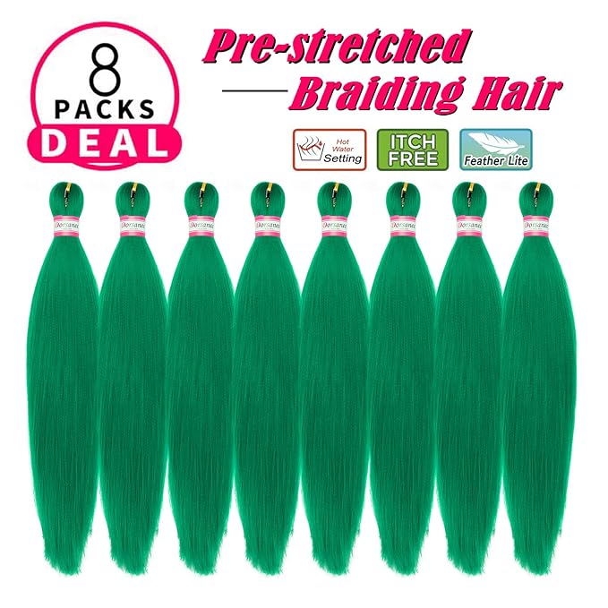 Green Braiding Hair Pre Stretched 20 Inch 8 Packs Braiding Hair Extensions for Crochet Box Braids Twists Locs Hair Soft Yaki Texture Hot Water Setting (20inch,#Green)