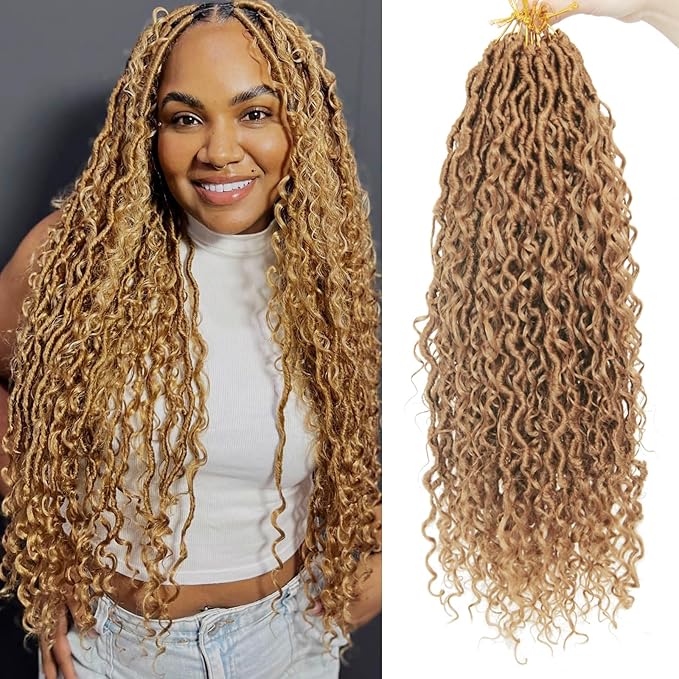 8Packs Goddess Locs Crochet Hair 18Inch Boho Faux Locs,Crochet Loc With Curly Ends River Hippie Bohemian Loc Crochet Hair for Black Women(27#, 18inch(Pack of 8))