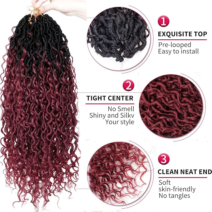 8Packs Goddess Locs Crochet Hair 18Inch Crochet Locs,Burgundy Boho Faux Locs With Curly Ends River Hippie Locs Bohemian Locs Crochet Braids(OTBUG, 18inch(Pack of 8))