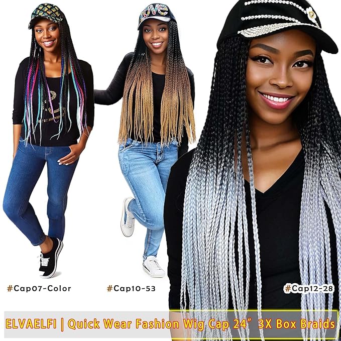 24in 3x Braided Wigs Hat Ombre Silver Gray, Ghic Bling Cap Wig for Women Girls Easy Style