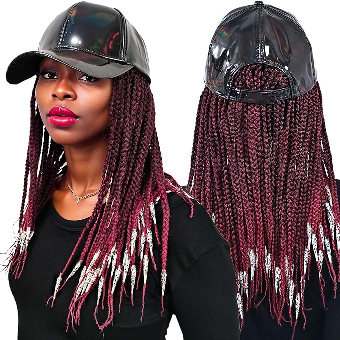 14" Box Braid Hair Extensions Burgundy w/Silver Clasps, PU Baseball Cap Wig for Women Girls Easy Wear
