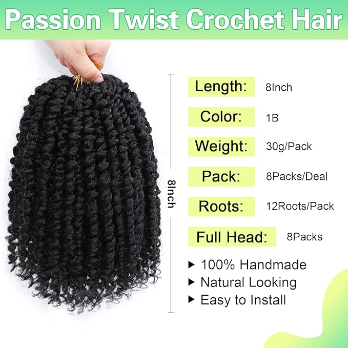 Passion Twist Crochet Hair 8Inch Passion Twist Hair 8 Packs Pre-Twisted Short Passion Twist Crochet Hair for Black Women Soft Curly Crochet Hair 1B