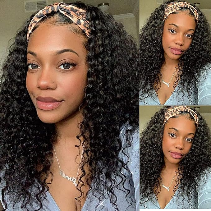 SENSAIRUITE Headband Wig Human Hair 16 Inch Deep Wave Headband Wigs for Black Women 180% Density Wear and Go Glueless Curly Wig Natural Color