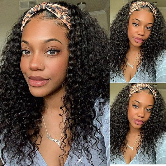SENSAIRUITE Headband Wig Human Hair 16 Inch Deep Wave Headband Wigs for Black Women 180% Density Wear and Go Glueless Curly Wig Natural Color