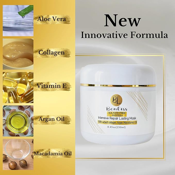 Intensive Repairs Lasting Hair Mask: Deep Conditioner for Dry, Damaged & Curly Hair with Argan and Macadamia Oil, 8.45 Fl OZ
