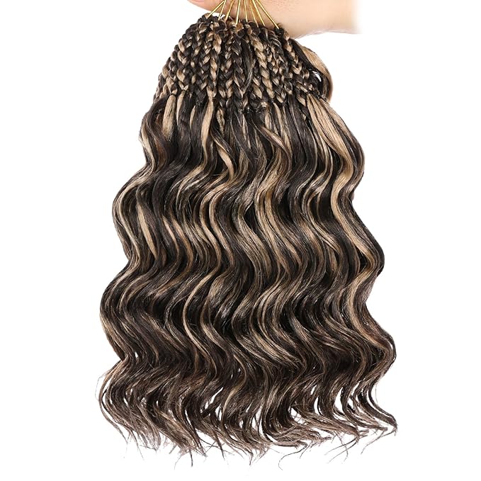 Leeven 10 Inch 8 Packs Short Curly Crochet Hair Pre Looped Boho Ocean Wave Crochet Hair Chocolate Brown Mix Honey Blonde Ocean Braids Pre Twisted Synthetic Deep Wavy Crochet Hair for Women