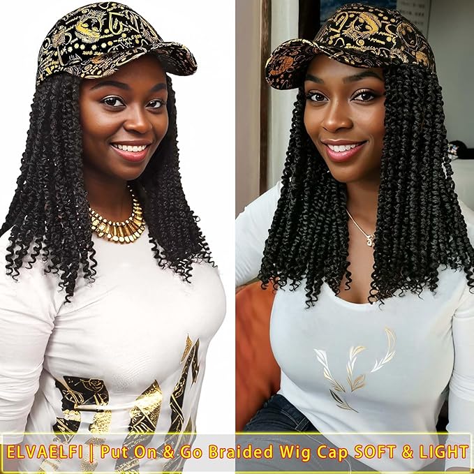 12inch Passion Twist Hair Extensions, Gold Graffiti Baseball Cap Wig, Breathable Synthetic Hair for Women