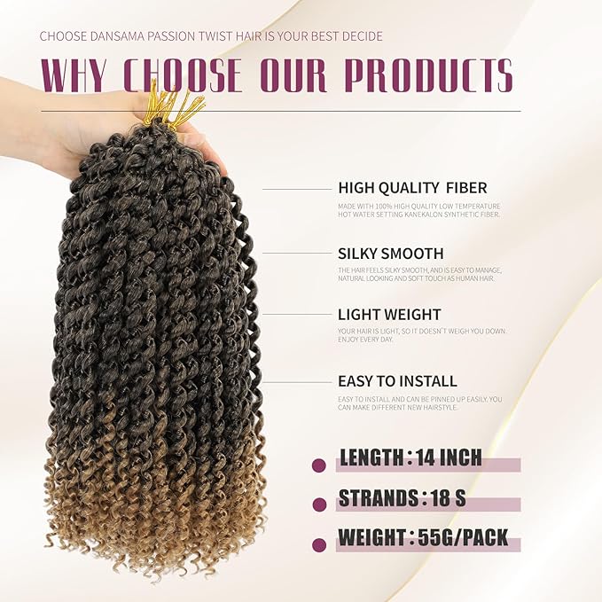 Dansama Passion Twist Hair Water Wave Braiding Hair for Butterfly Style Crochet Braids Bohemian Hair Extensions (14inch (Pack of 7), T1B/27）