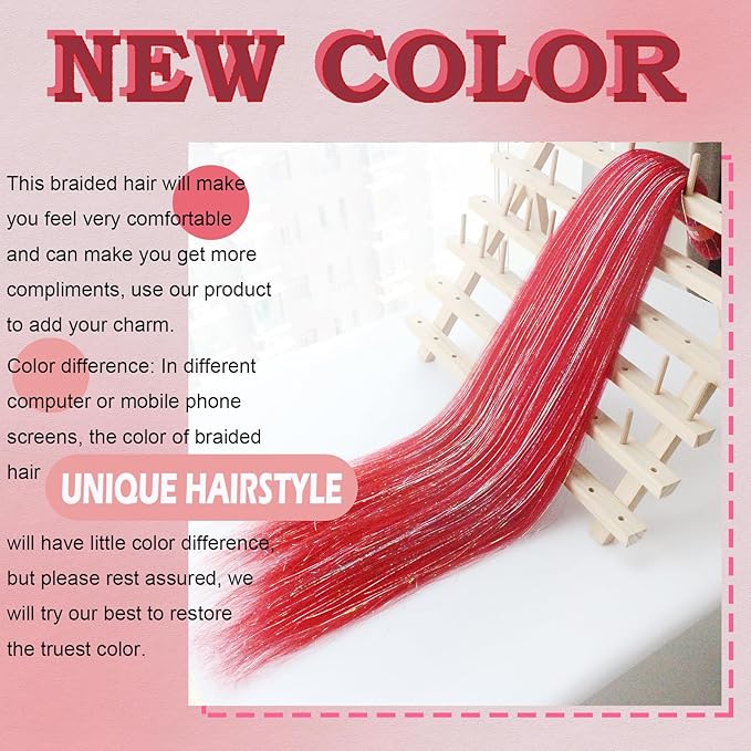 Sparkling Red Pre Stretched Braiding Hair 30 Inch Glitter Box Braid Hair Extensions Shinny 3 Packs Yaki Texture Pre Feathered Festival Braids Hair