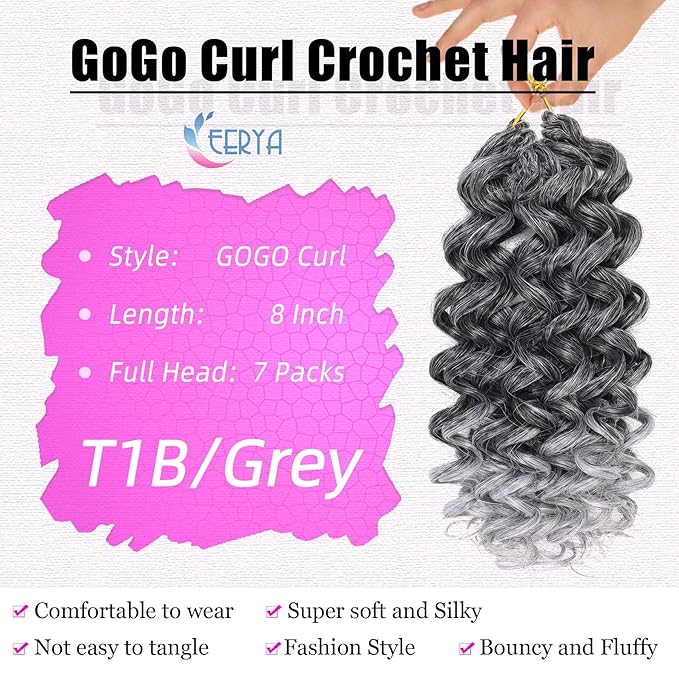 7 Packs GoGo Curl Crochet Hair 8 Inch Short Gray Curly Crochet Hair for Women Deep Wave Beach Curl Crochet Braids Synthetic Braiding Hair Extensions(8 Inch, Tgery)