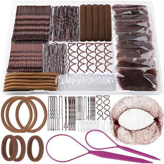 Teenitor Bobby Pins Hair Pins Hair Net Kit, 227 Bobby Pins for Women U Shaped Hair Pins, Hair Nets for Buns Spiral Pins, Hair Ties and 2 Hair Styling Tools for Women Girls Dance Ballet Brown