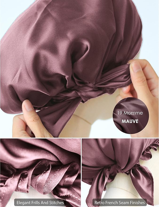 SissiLita 100% Silk Bonnet for Sleeping, Large Silk Sleep Cap with Tie Band for Curly Hair Care (Mauve)
