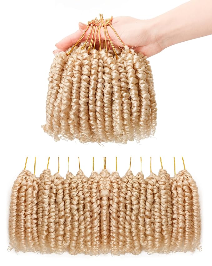 4 Inch 7 Packs Super Short Passion Twist Crochet Hair for Black Women and Kids-Blonde Pre Looped Pretwisted Soft Hair Extensions,Braided by Synthetic Spring Kinky Twist Bohemian Curl(4"-7P,613#)