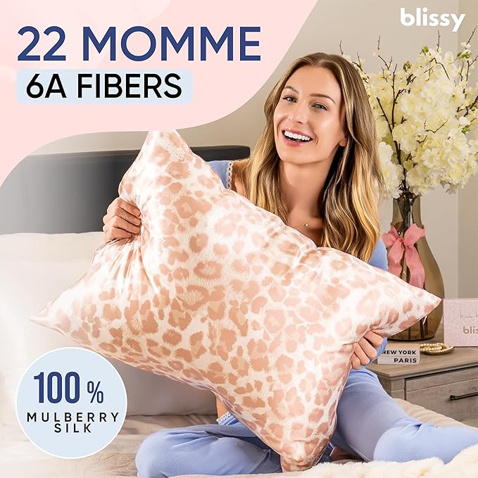 Blissy Silk Pillowcase - 100% Pure Mulberry Silk - 22 Momme 6A High-Grade Fibers - Silk Pillow Cover for Hair & Skin - Regular, Queen & King (Nicole Miller - Mauve Cheetah, Standard)