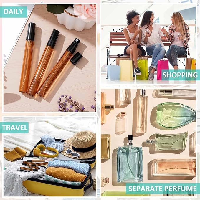 Zhehao 25 Pcs Mini Spray Bottles 10 ml Clear Glass Perfume Bottles Refillable Fine Mist Perfume Atomizer Portable Empty Sample Containers for Cleaning, Essential Oils, Travel (Amber)