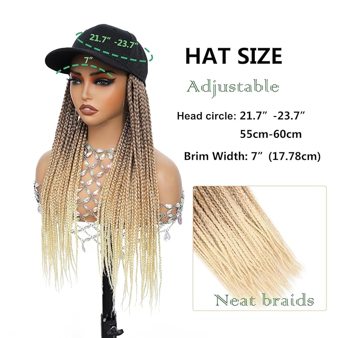 Hat Wig for Women Baseball Cap with blonde Braided Hair Attached Synthetic Box Braid Wig Hat Adjustable Black Cap with 18inch long ombre brown bonde light blonde Braids for Daily Outdoor Halloween Use