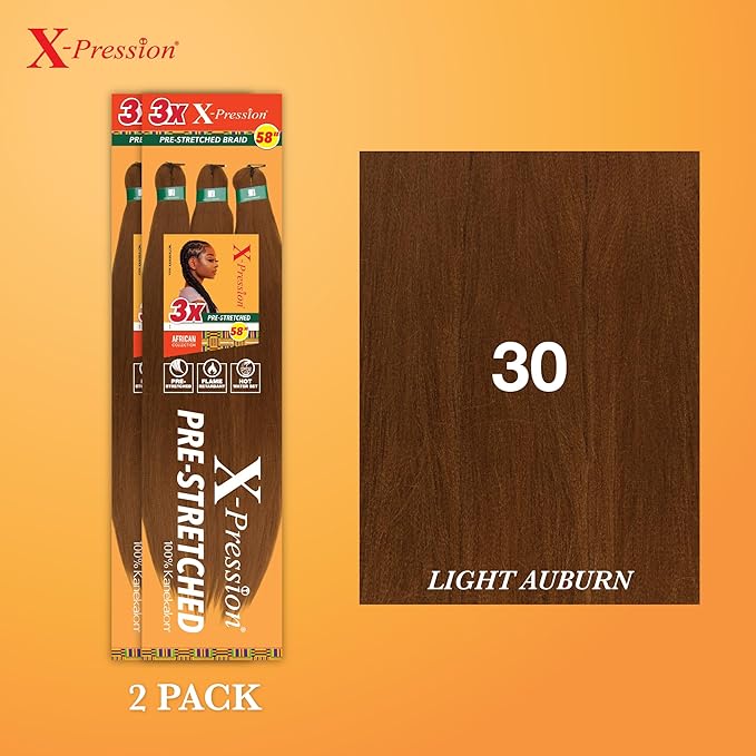 Sensationnel X-pression prestretched braiding hair - 3x braid 58 inch all kanekalon flame retardant synthetic braid for box braids and twists (2 pack, 30 LIGHTAUBURN)