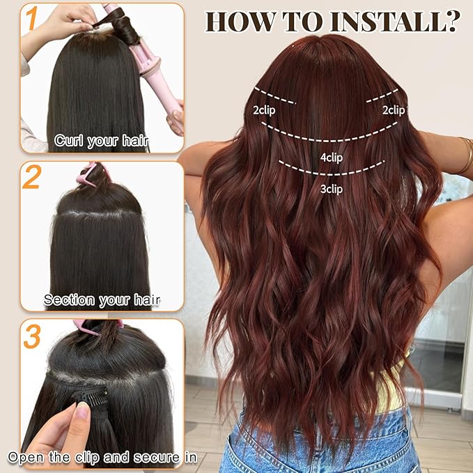 ALXNAN Clip in Long Wavy Synthetic Hair Extension 24 Inch Wine Red 4PCS Thick Hairpieces Fiber Double Weft Hair for Women