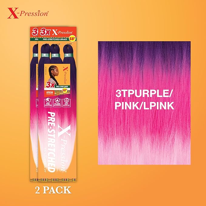 Sensationnel X-pression prestretched braiding hair - 3x braid 58 inch all kanekalon flame retardant synthetic braid for box braids and twists (2 pack, 3TPURPLE/PINK/LPINK)