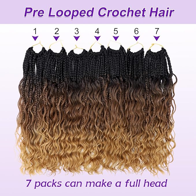Eacia Goddess Box Braids Crochet Hair 14 Inch 7 Packs Ombre Pre Looped Crochet Hair with Curly Ends Short Boho Box Braids for Women(14 Inch, T1B/30/27#)