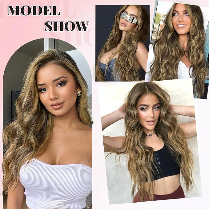 ALXNAN Clip in Long Wavy Synthetic Hair Extension 20 Inch Brown with Highlights 4PCS Thick Hairpieces Fiber Double Weft Hair for Women