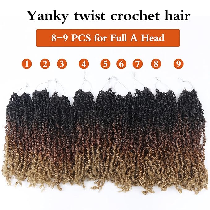 Yanky Twist Crochet Hair Yaki Pre-looped Twist Brown Spring Mini Crochet Hair 8 Inch 9 Packs Passion Twist With Curls Synthetic Braiding Hair Extensions (T1B/30/27)