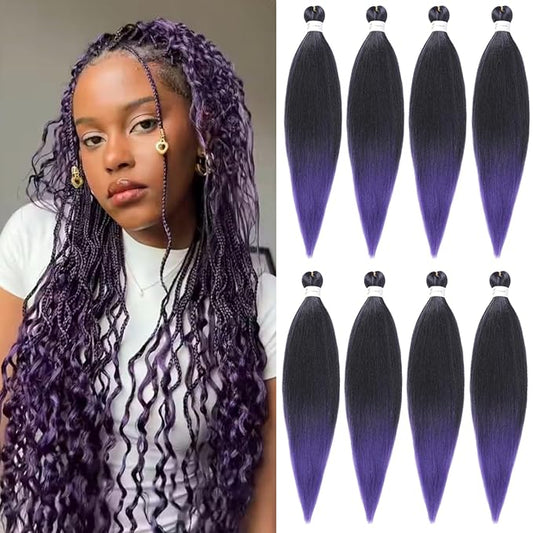 Pre Stretched Braiding Hair Ombre Black To Purple Braiding Hair, 24 Inch 6 Packs Professional Hair Extensions Hot Water Setting Synthetic Fiber Crochet Twist Braids(24Inch,1B/Purple#)