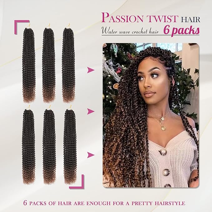 Dansama 6 Packs Passion Twist Hair Water Wave Braiding Hair for Butterfly Style Crochet Braids Bohemian Hair Extensions (24inch, T1B/30, Economy Pack)