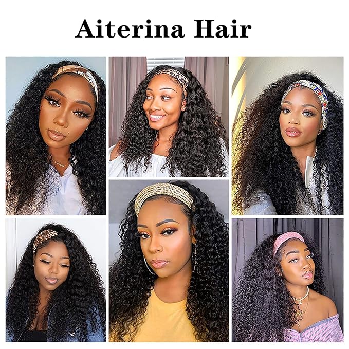 Aiterina Headband Wig Deep Wave Human Hair Virgin Hair Wigs 14 Inch None Lace Front Wigs for Black Women Deep Wave Machine Made Wig Natural Color