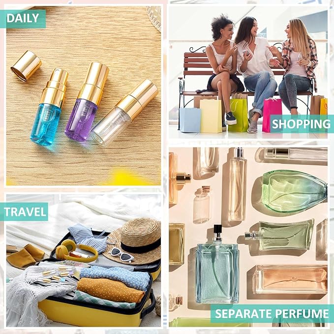 Zhehao 200 Pcs Mini Spray Bottles 2 ml Clear Glass Perfume Bottles Refillable Fine Mist Perfume Atomizer Portable Empty Sample Containers for Cleaning, Essential Oils, Travel (Gold Cap)