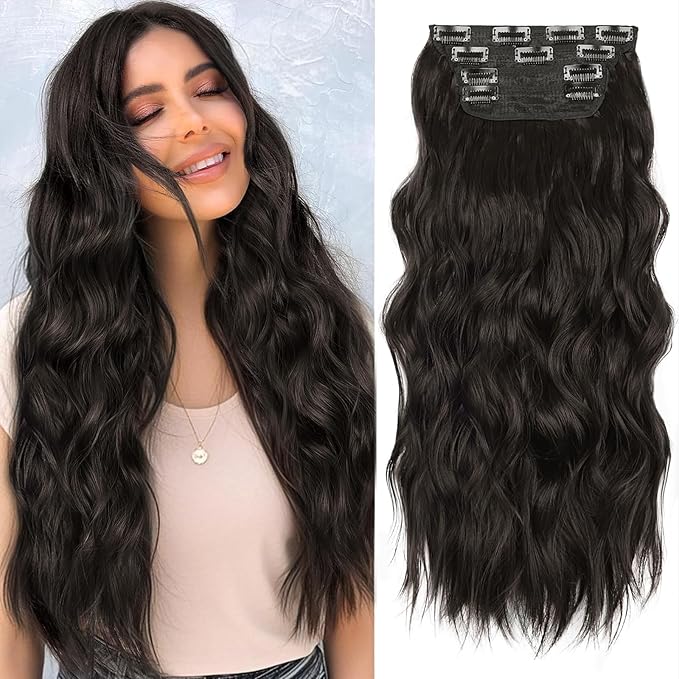 ALXNAN Clip in Long Wavy Synthetic Hair Extension 20 Inch Natural Black 4PCS Thick Hairpieces Fiber Double Weft Hair for Women