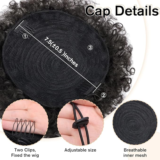 AISI QUEENS Afro Puff Drawstring Ponytail Synthetic Short Afro Kinkys Curly Afro Bun Extension Hairpieces Updo Hair Extensions with Two Clips Natural Black Large Size(1B#)