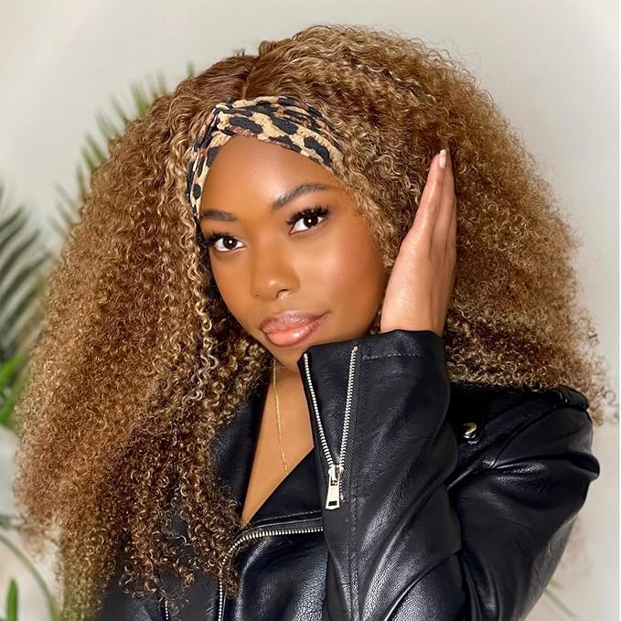 Ombre Highlight Headband Wig Human Hair #4/27 Colored Kinky Curly Headband Wig for Black Women Glueless None Lace Front Human Hair Wigs Brazilian Virgin Hair Wear and Go Wigs 150% Density 18 Inch