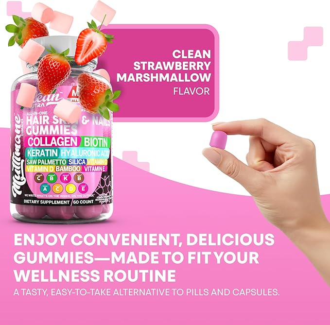 Clean Nutraceuticals Biotin Collagen Keratin Gummies | Hair Skin and Nails Vitamins for Women | Hyaluronic Acid Bamboo Vitamin A C D3 E Folate with Saw Palmetto Silica B3 B12 Vegan Gummy