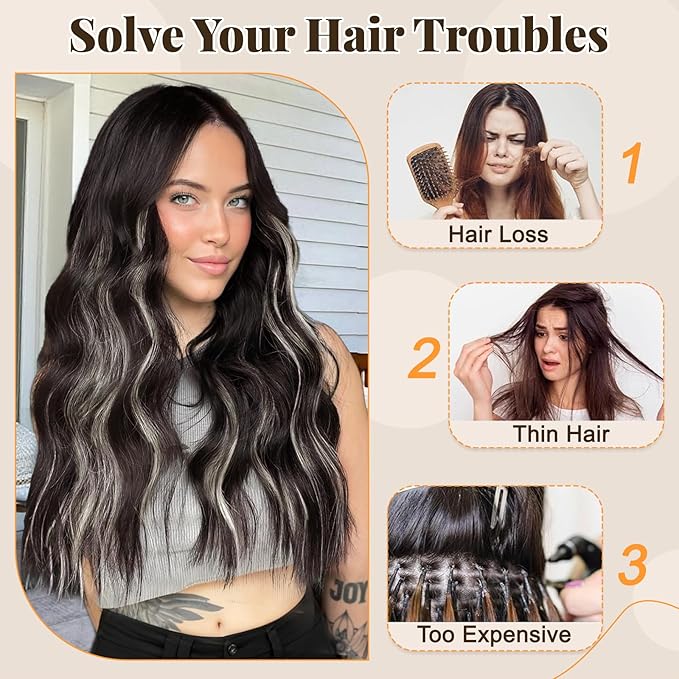 ALXNAN Clip in Long Wavy Synthetic Hair Extension 24 Inch Dark Brown Mix White Highlights 4PCS Thick Hairpieces Fiber Double Weft Hair for Women