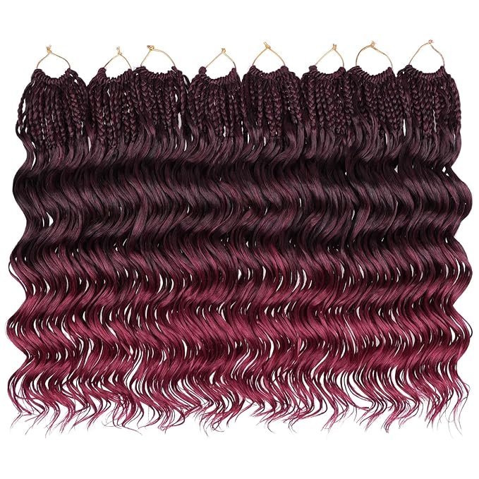 Leeven 10 Inch Pre Looped Curly Crochet Hair - 8 Packs Ombre Red Boho Ocean Wave - Burgundy Short Ocean Braids - Pre Twisted Synthetic Deep Wavy Crochet Hair for Women