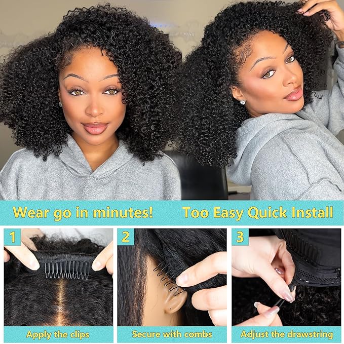 Kinky Curly Half Wig Human Hair 200% Density Wear Go Glueless Wigs Human Hair for Women 26 Inch Curly 3 In 1 Drawstring Seamless Flip Wig Invisible Hairline 3 Seconds to Wear Beginner Friendly