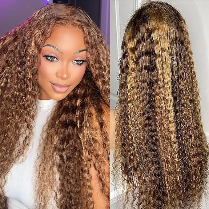 Highlight Ombre 13x6 Deep Wave Transparent Lace Front Wigs Human Hair P4/27 Highlight Curly Wig 210% Density HD Lace Frontal Wigs Glueless Wigs Human Hair Pre Plucked with Baby Hair 20 Inch