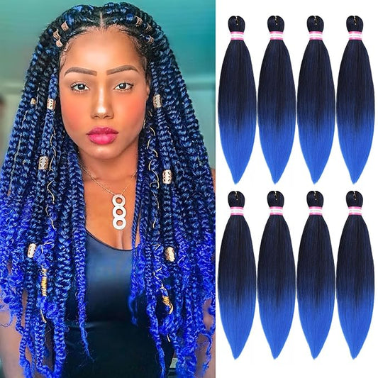 Dorsanee Ombre Blue Braiding Hair Pre Stretched 20 Inch 8 Packs Braiding Hair Extensions for Crochet Box Braids Twists Locs Hair Itch Free Soft Yaki Texture Hot Water Setting (20inch,#1B/Blue)