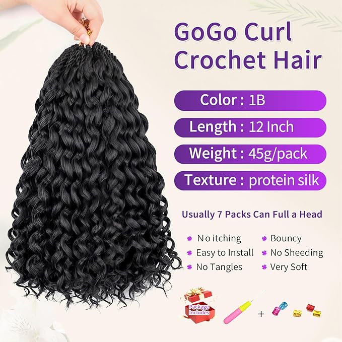 New Gogo Curl Crochet Hair Protein Fiber Close to Human Hair 12-Inch 7-Packs Pre-Looped Water Wave & Deep Twist Natural Look Tangle-Resistant for Black Women (1B, 12Inch)