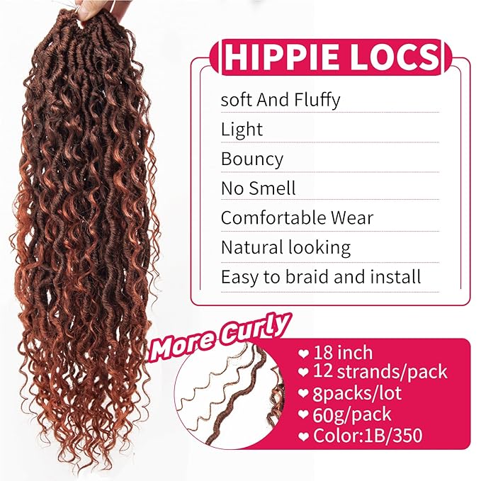 Goddess Locs Crochet Hair 18Inch 8Packs Crochet Locs,Ginger Boho Faux Loc With Curly Ends River Hippie Bohemian Loc Crochet Hair for Black Women(1B/350, 18inch(Pack of 8))