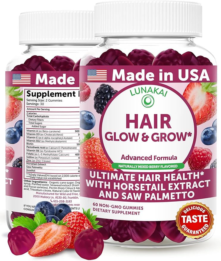 Lunakai USA Made Super Hair Gummies with Biotin, Zinc, Horsetail Extract & Saw Palmetto - Hair Growth Vitamins for Women & Men – Supports Thicker, Longer, Stronger Tresses, Skin & Nails, 60ct