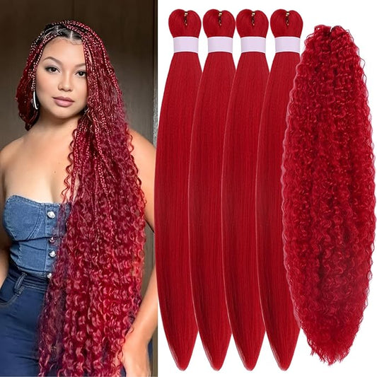 Red Pre Stretched Braiding Hair for Boho Braids Curly Hypoallergenic Braiding Hair Hot Water Setting Yaki for Bohemian Braids