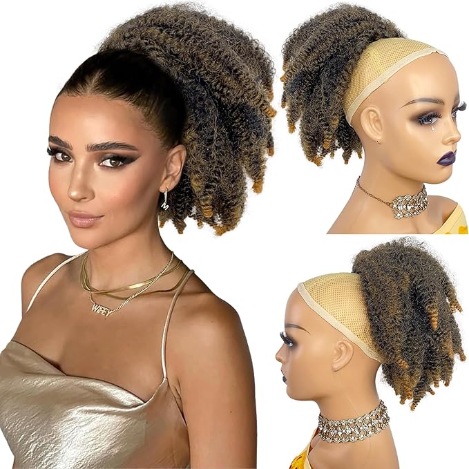 Short Marley Hair Drawstring Ponytail - Ombre Light Brown 4C Afro Puff Bun Ponytail Synthetic Braiding Hair Afro Kinky Curl Pony Tail Hairpiece for Black Women - T27# Ombre Brown, 12"