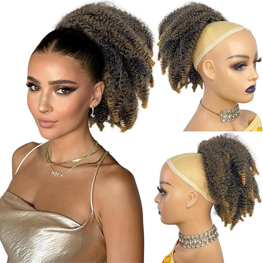 Short Marley Hair Drawstring Ponytail - Ombre Light Brown 4C Afro Puff Bun Ponytail Synthetic Braiding Hair Afro Kinky Curl Pony Tail Hairpiece for Black Women - T27# Ombre Brown, 12"