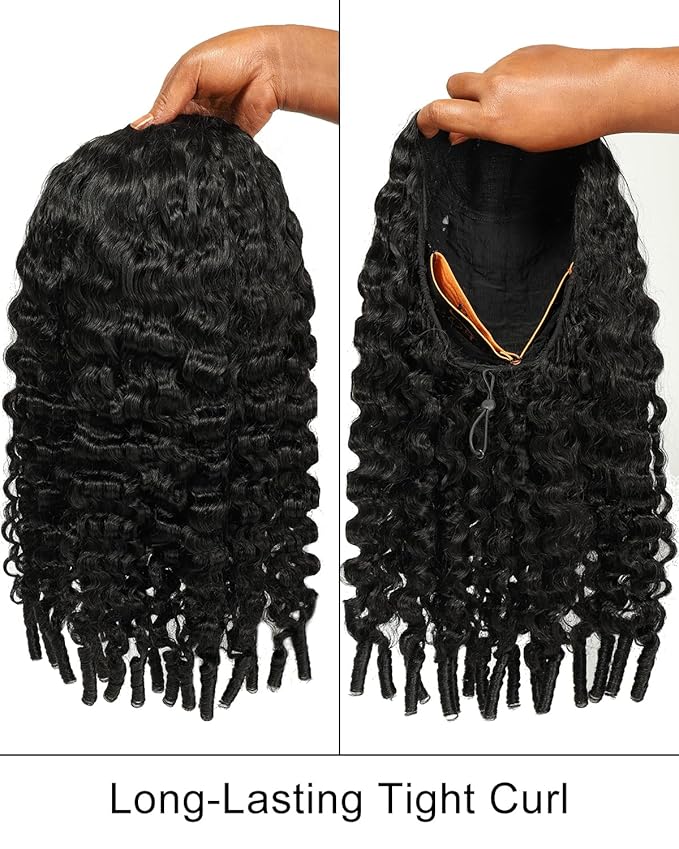 BEEOS Half Wig Human Hair Burmese Curly, 180% Density Glueless Drawstring Spiral Ends Wigs for Women, Invisible Track Natural Hairline 24 Inch