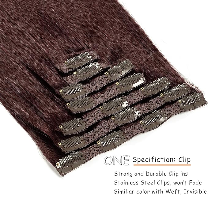 Caliee Real Hair Extensions Clip in Human Hair for Full Head Natural Straight Color 99J Burgundy Wine Red 7Pieces Double Weft Thick Ends Brazilian Clip in Hair Extensions 120G 16 Inch