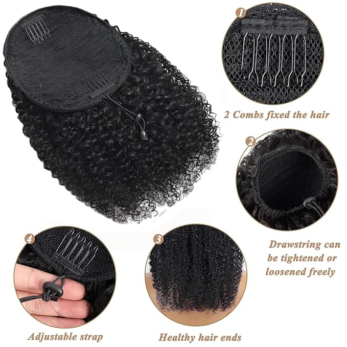 beauty youth Afro Puff Drawstring Ponytail Human Hair Bun For Black Women 150% Density 10A Brazilian Virgin Afro Kinky Curly Clip In Ponytail Extension Human Hair Pieces 130g Natural Color 12 Inch